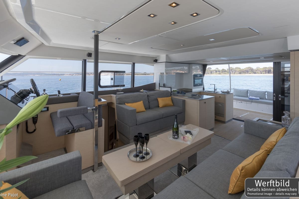 Salon of Mamma Mia, a Fountaine Pajot MY6 catamaran at Palma de Mallorca, Spain