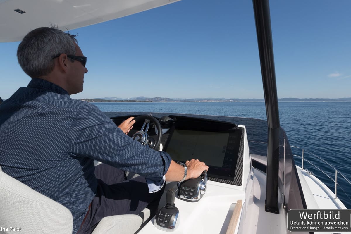 Cockpit of Mamma Mia, a Fountaine Pajot MY6 catamaran at Palma de Mallorca, Spain
