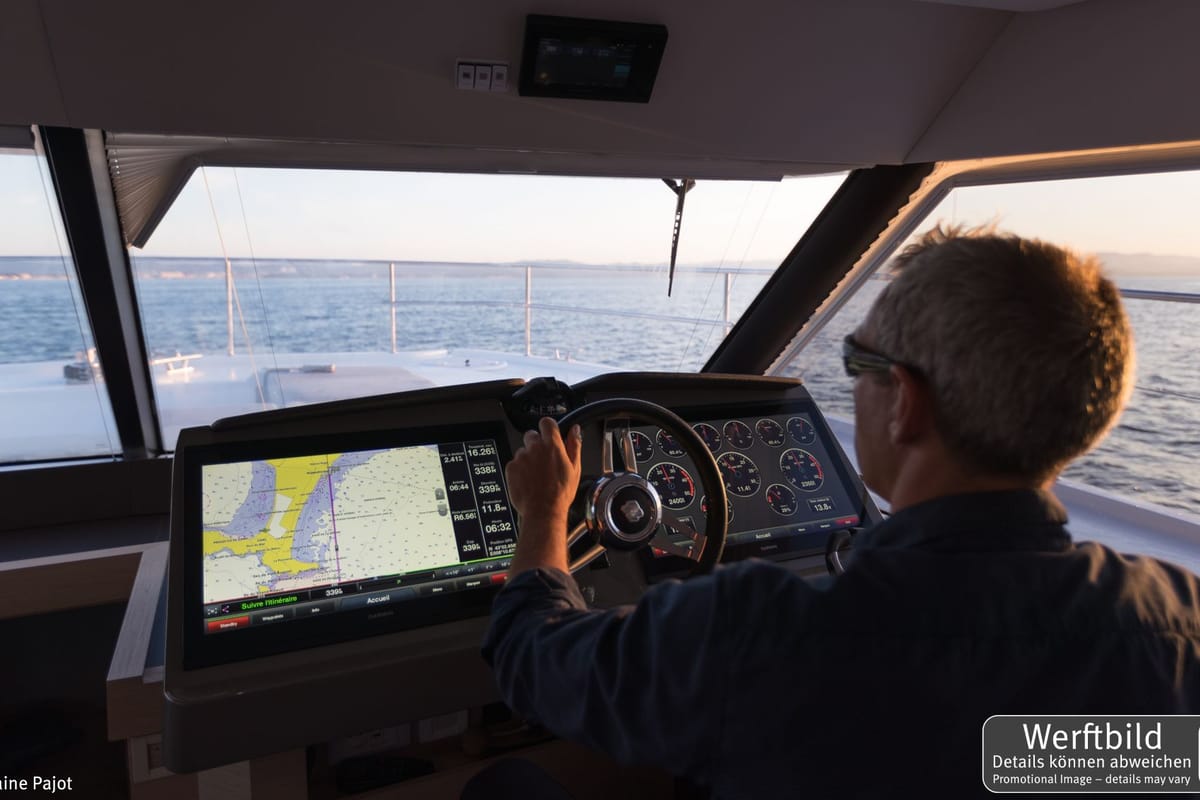 Cockpit of Mamma Mia, a Fountaine Pajot MY6 catamaran at Palma de Mallorca, Spain
