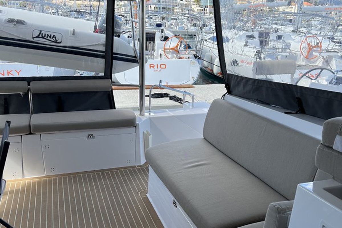 Deck of Dream (cat), a Nautitech Rochefort Nautitech 46 Open catamaran at Split, Croatia
