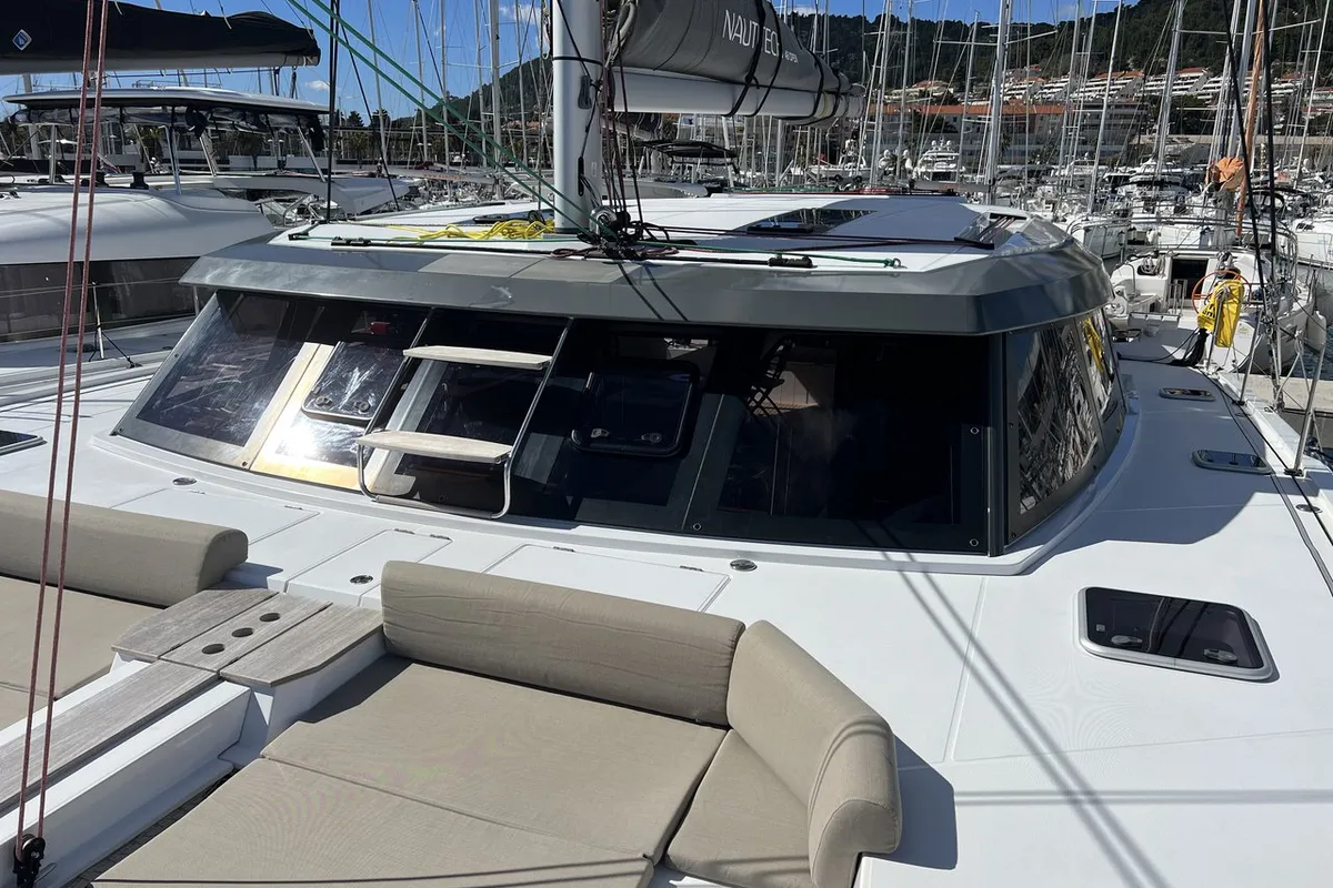 Deck of Dream (cat), a Nautitech Rochefort Nautitech 46 Open catamaran at Split, Croatia