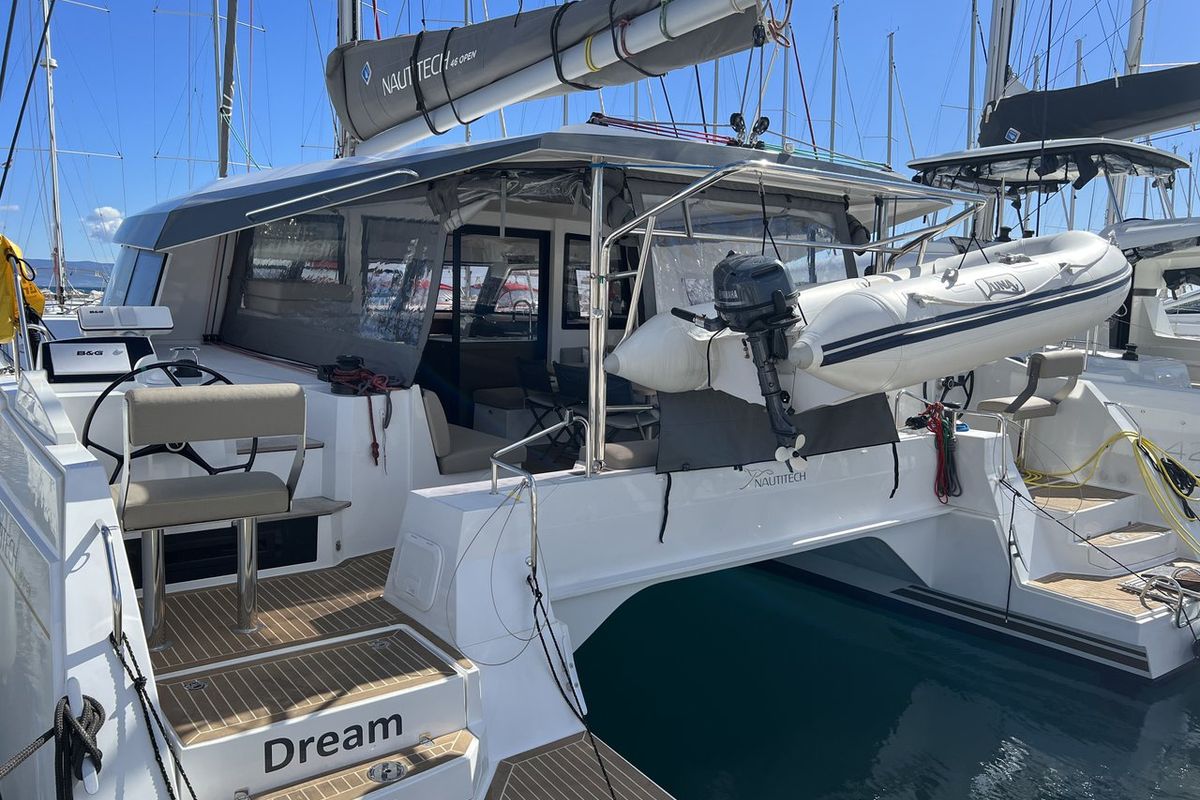 Deck of Dream (cat), a Nautitech Rochefort Nautitech 46 Open catamaran at Split, Croatia