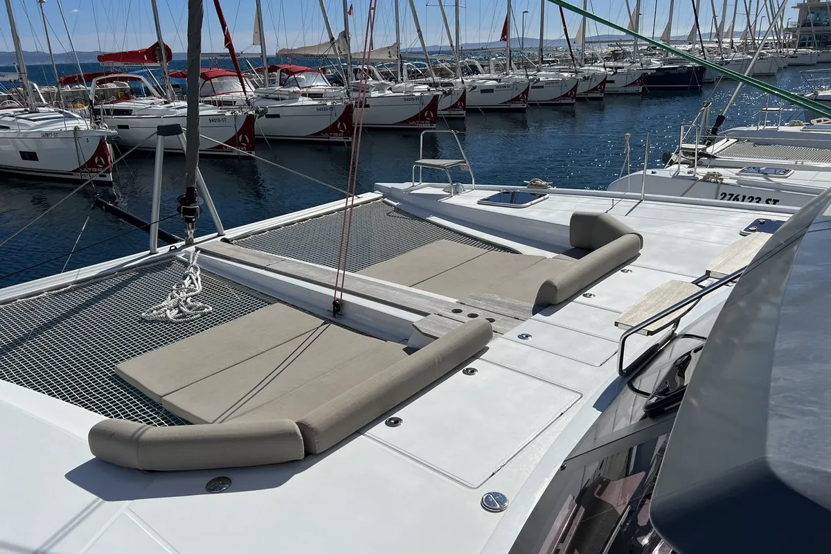 Deck of Dream (cat), a Nautitech Rochefort Nautitech 46 Open catamaran at Split, Croatia