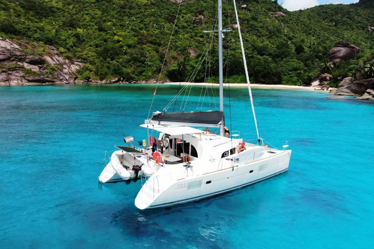 Exterior view of Aride, a Lagoon 380 catamaran at Seychelles, Mahe, Seychelles