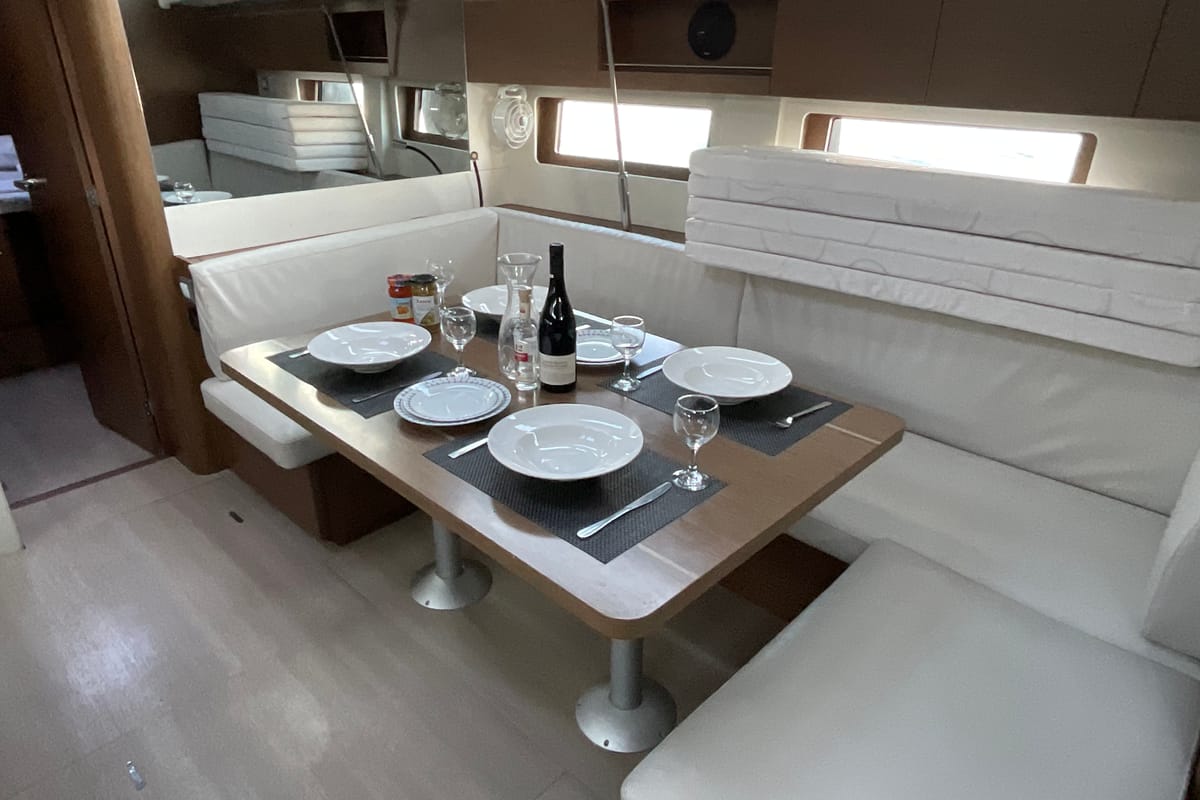 Salon of Retsina, a Beneteau Oceanis 51.1 sailboat at Municipal Unit of Lefkada, Greece