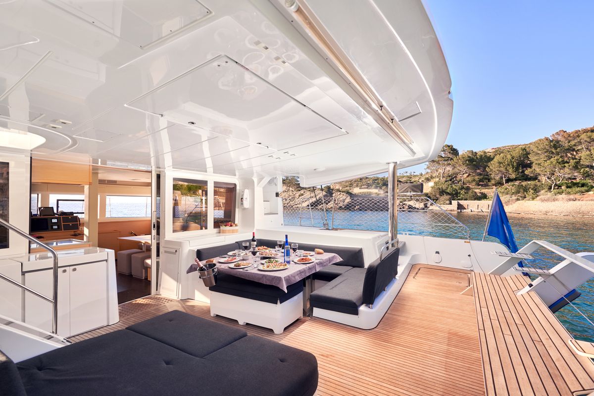 Deck of Flow, a Lagoon 52 catamaran at Sant Antoni de Portmany, Spain