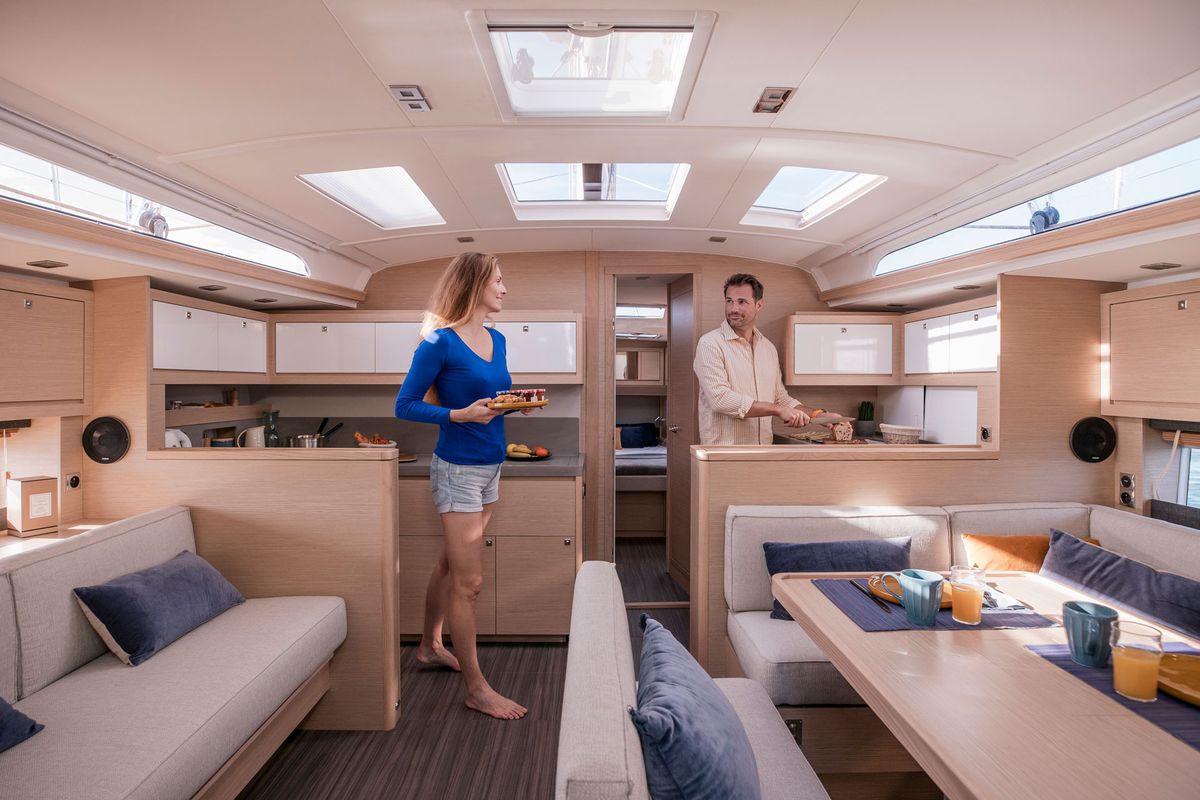 Salon of Alyss, a Dufour 470 sailboat at Olbia, Italy