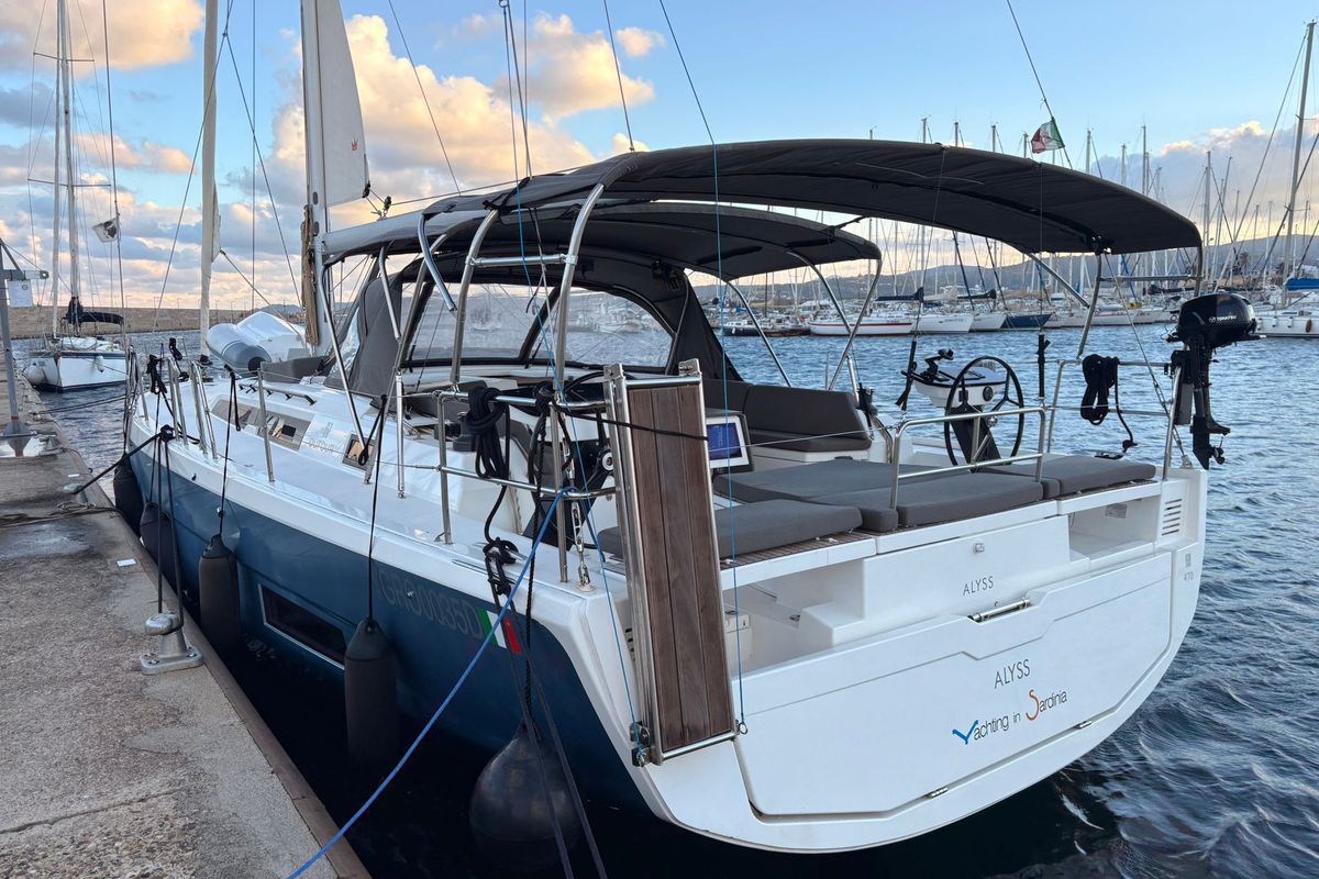 Exterior view of Alyss, a Dufour 470 sailboat at Olbia, Italy