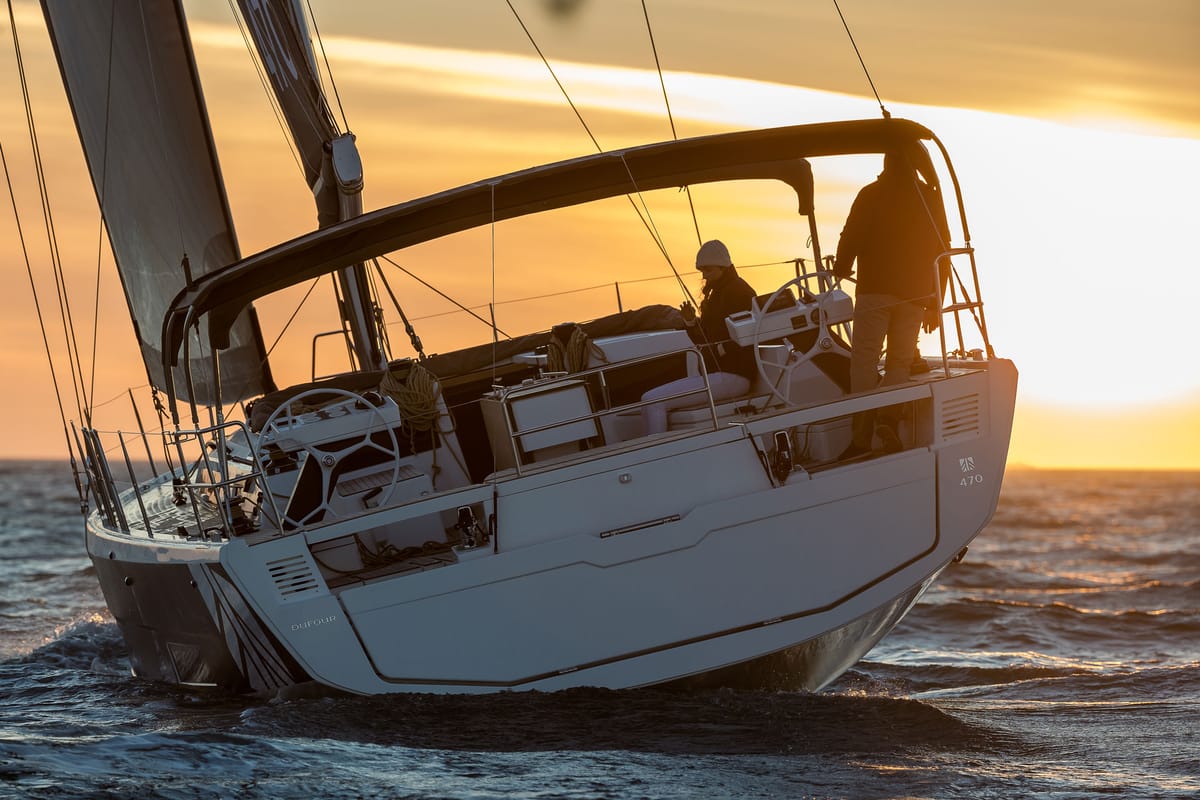 Exterior view of Alyss, a Dufour 470 sailboat at Olbia, Italy