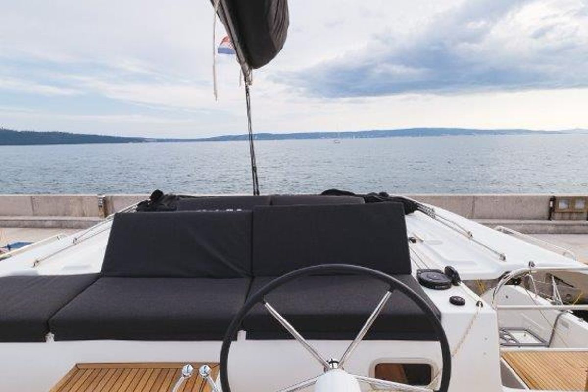 Cockpit of Uncharted, a Lagoon 46 OW catamaran at Grad Kaštela, Croatia