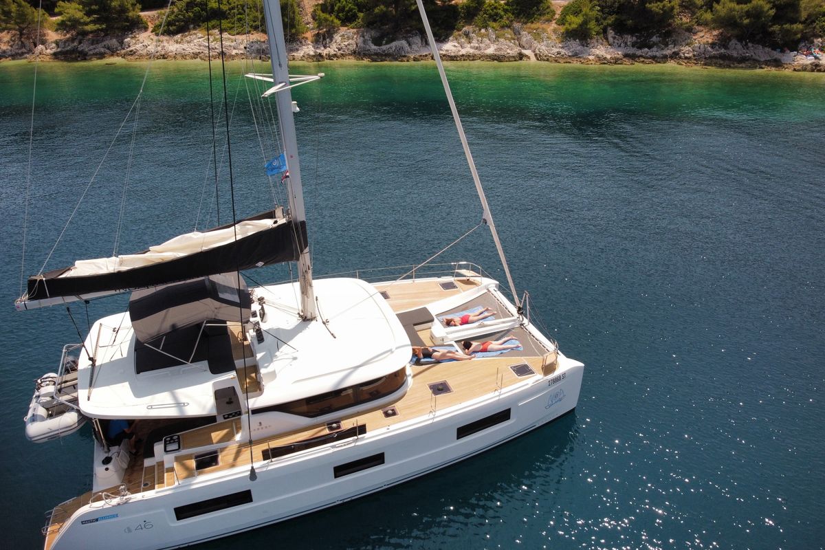 Exterior view of Uncharted, a Lagoon 46 OW catamaran at Grad Kaštela, Croatia