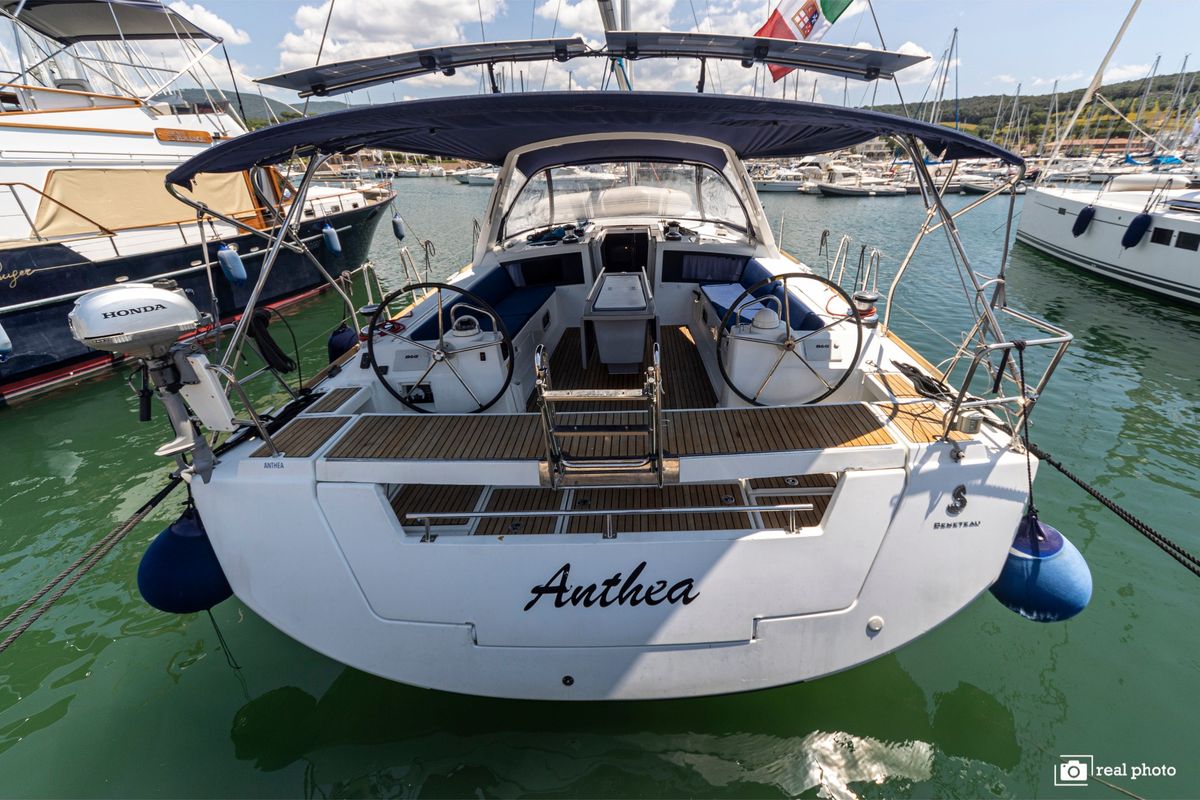 Exterior view of Anthea, a Beneteau Oceanis 48 sailboat at Puntone di Scarlino, Italy