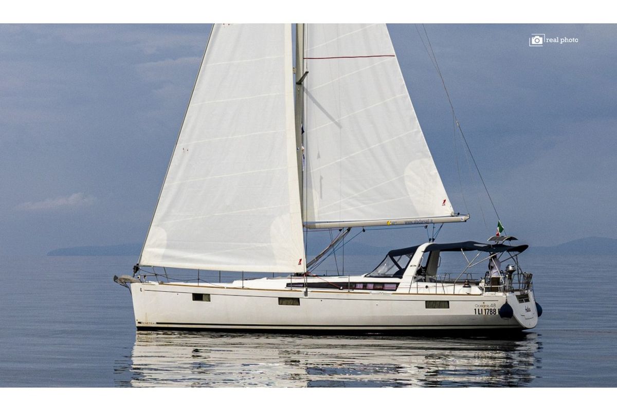 Exterior view of Anthea, a Beneteau Oceanis 48 sailboat at Puntone di Scarlino, Italy