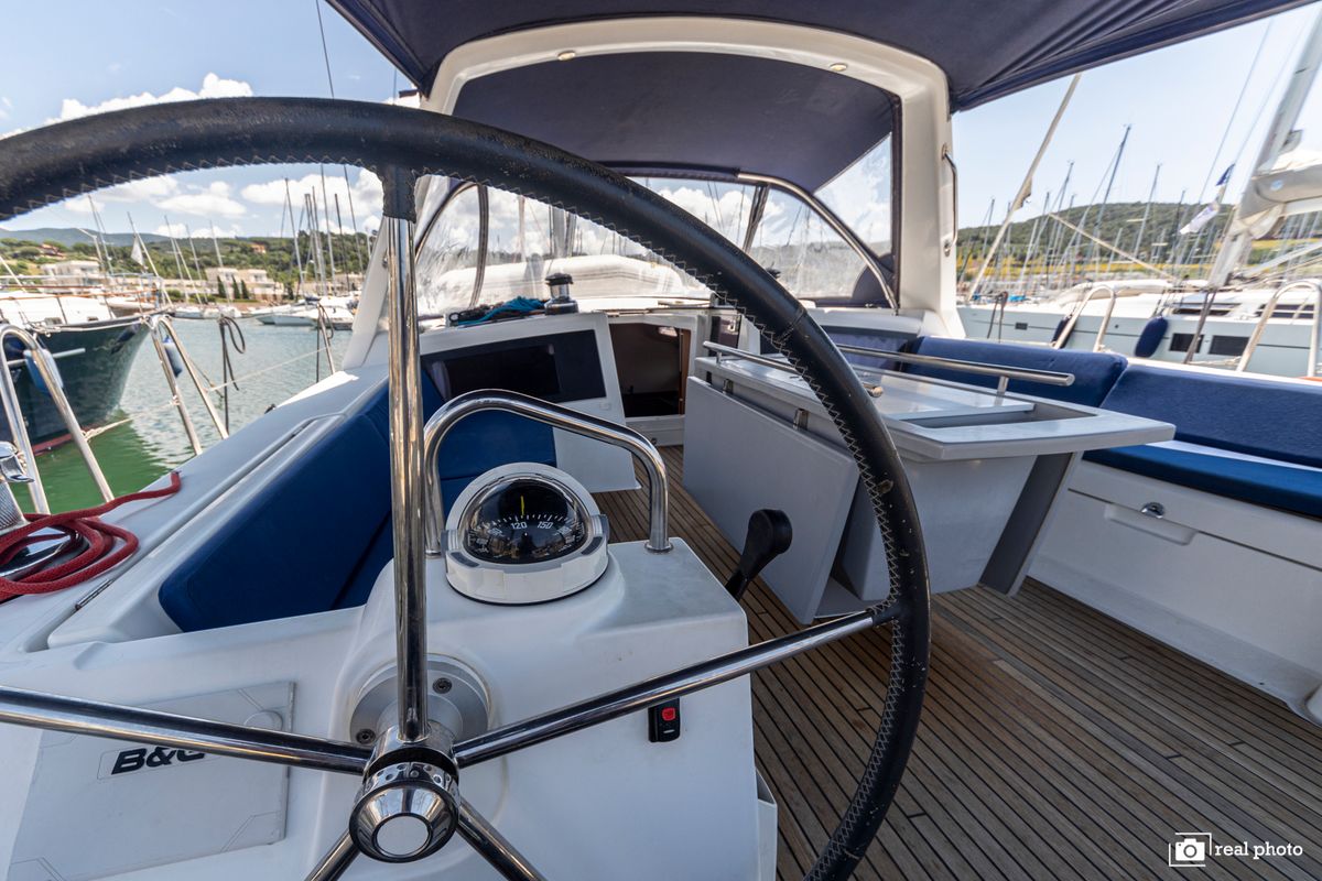 Cockpit of Anthea, a Beneteau Oceanis 48 sailboat at Puntone di Scarlino, Italy