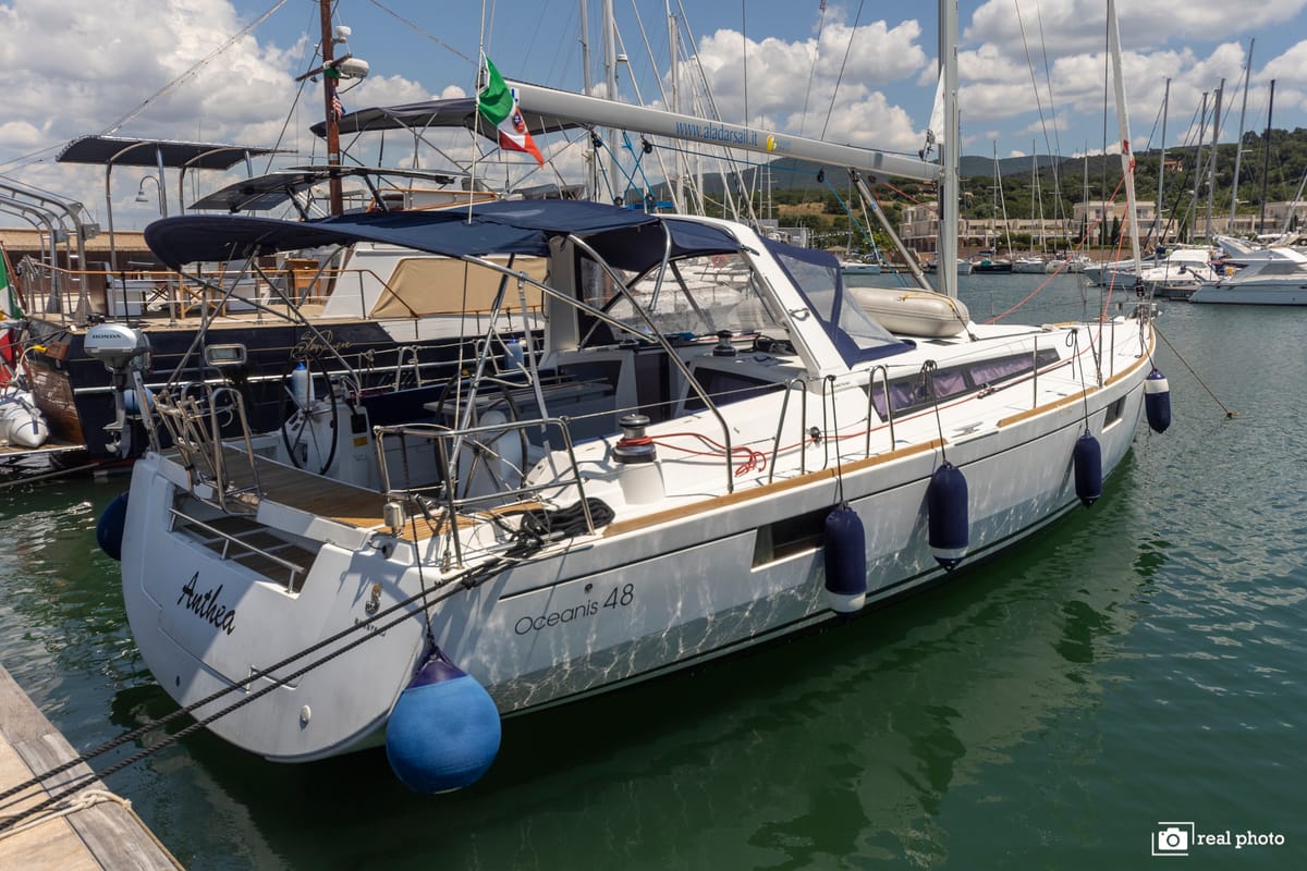 Exterior view of Anthea, a Beneteau Oceanis 48 sailboat at Puntone di Scarlino, Italy