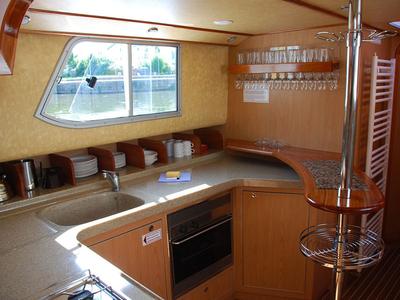 Galley of 150FB-11, a Pénichette 1500FB motorboat at Argens-Minervois, France