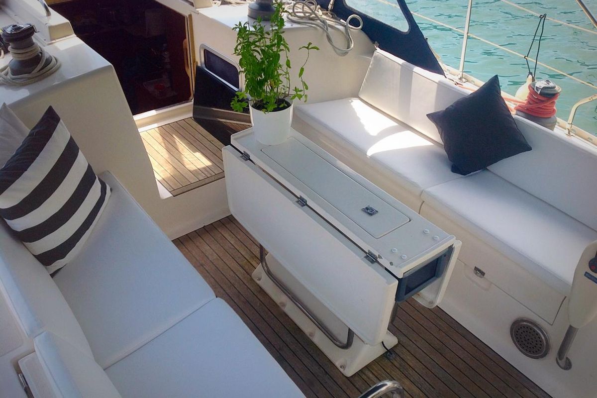 Deck of Nafsika, a Elan 45 sailboat at Municipal Unit of Lefkada, Greece