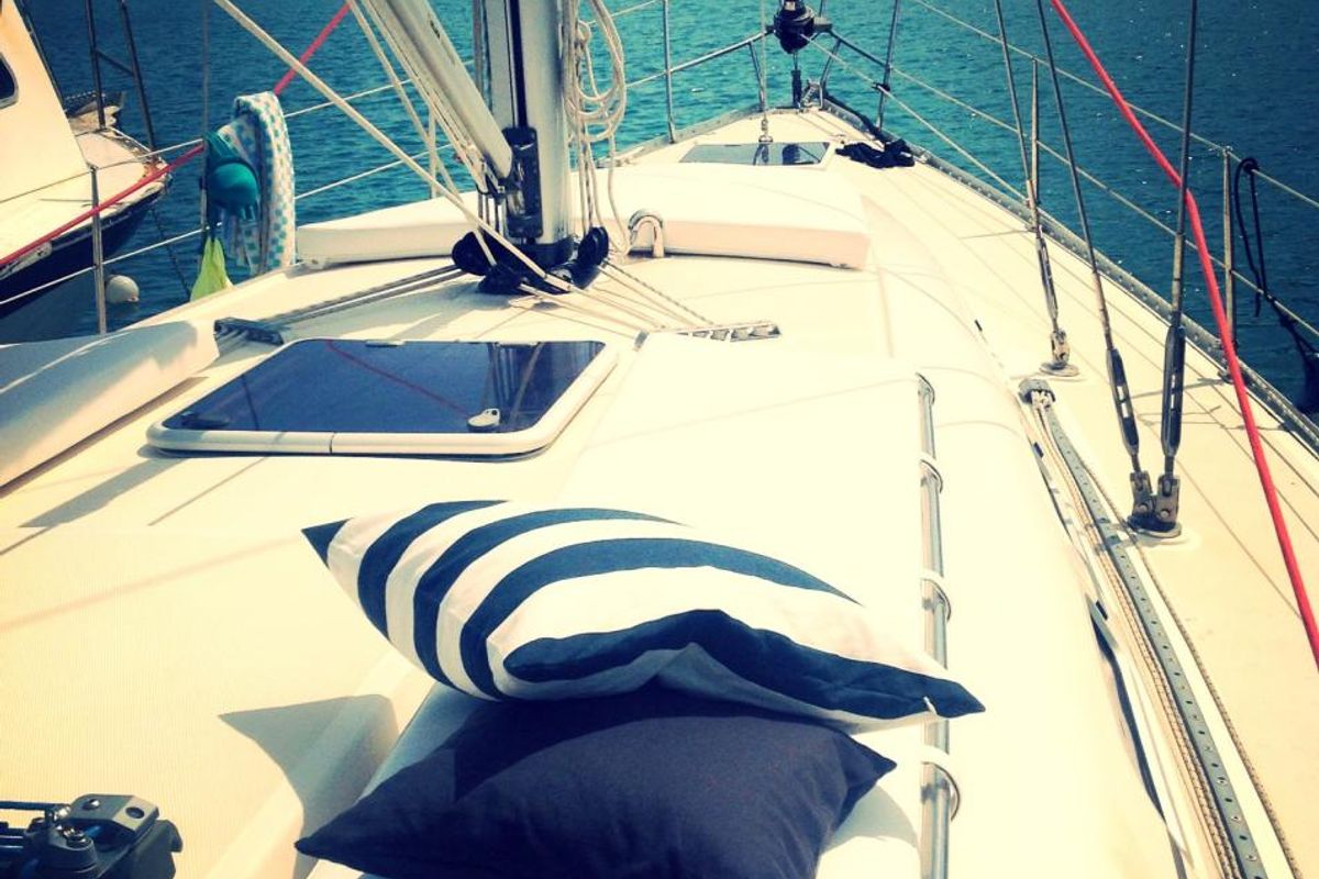 Deck of Nafsika, a Elan 45 sailboat at Municipal Unit of Lefkada, Greece