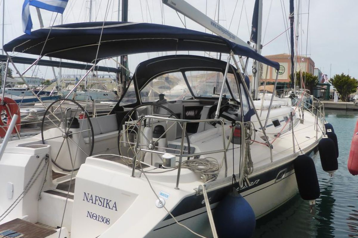 Exterior view of Nafsika, a Elan 45 sailboat at Municipal Unit of Lefkada, Greece