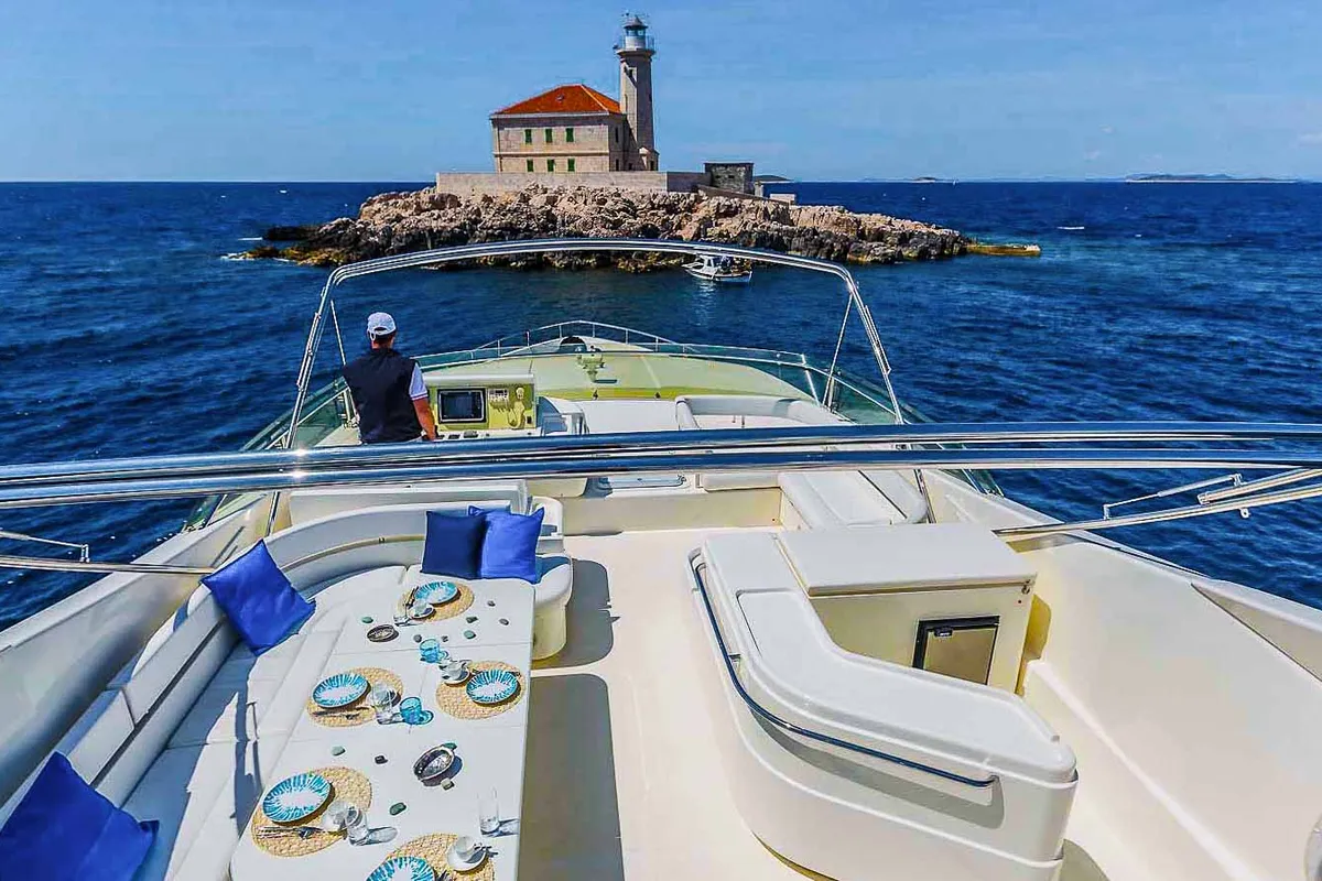 Deck of Miss Katarina, a Ferretti 880 yacht at Seget Donji, Croatia