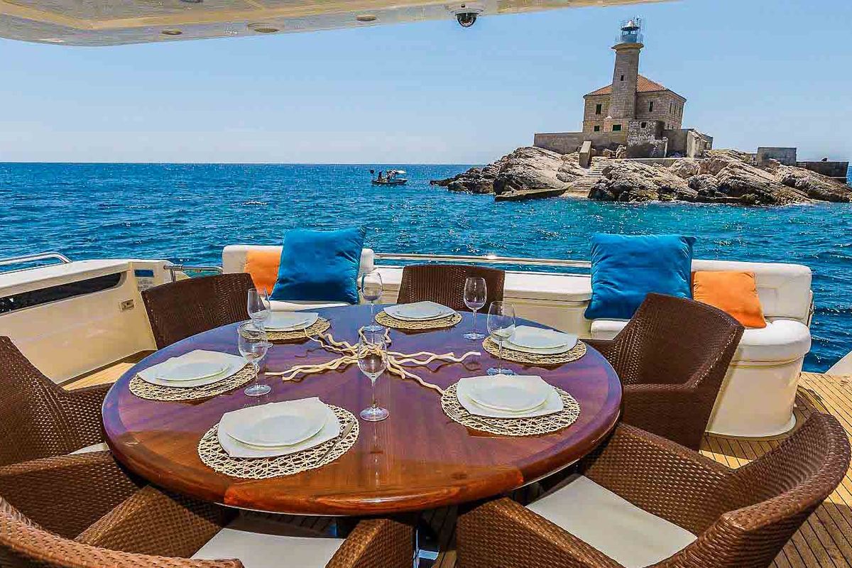 Deck of Miss Katarina, a Ferretti 880 yacht at Seget Donji, Croatia