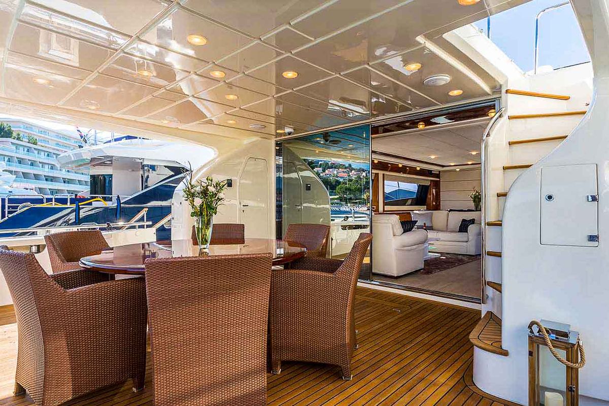Deck of Miss Katarina, a Ferretti 880 yacht at Seget Donji, Croatia