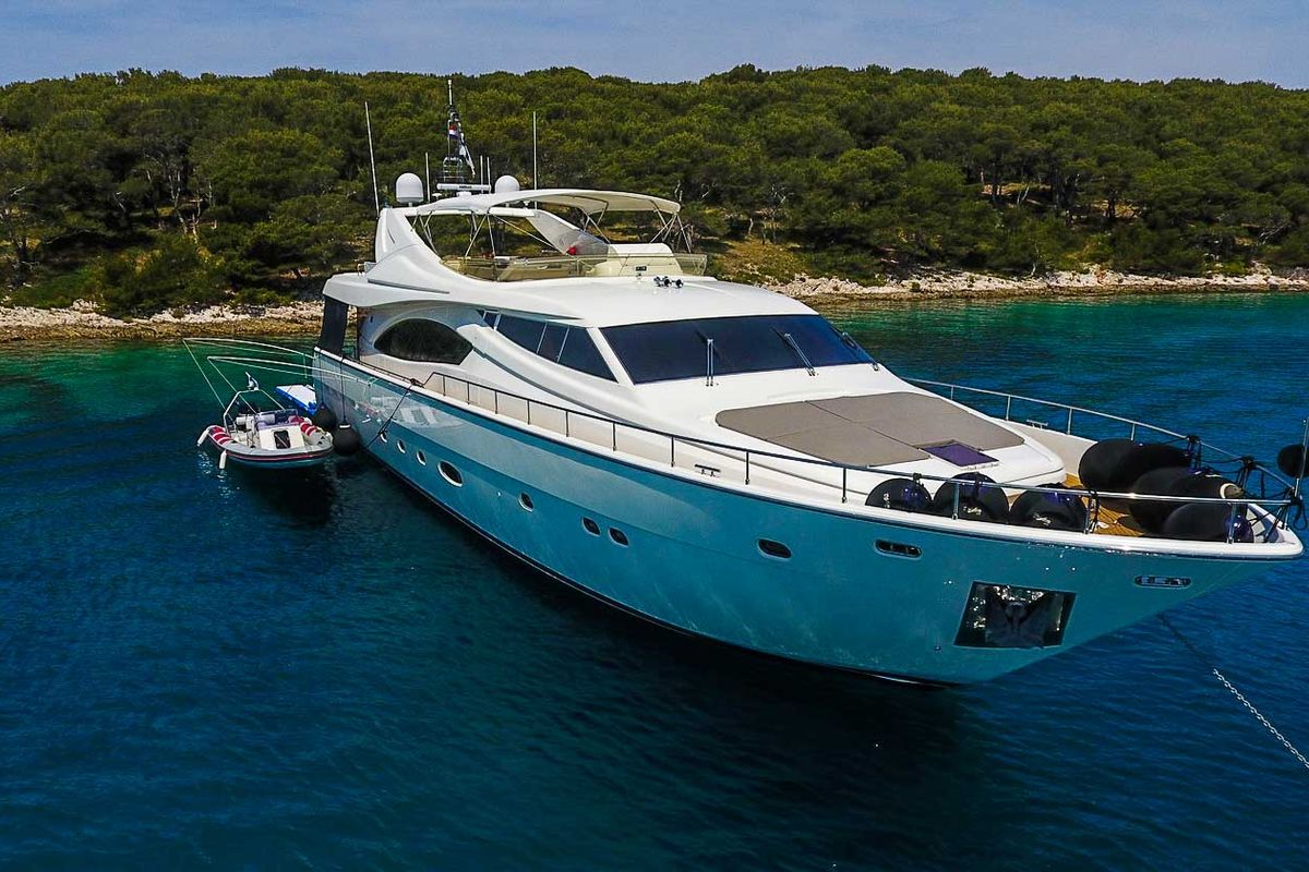 Exterior view of Miss Katarina, a Ferretti 880 yacht at Seget Donji, Croatia