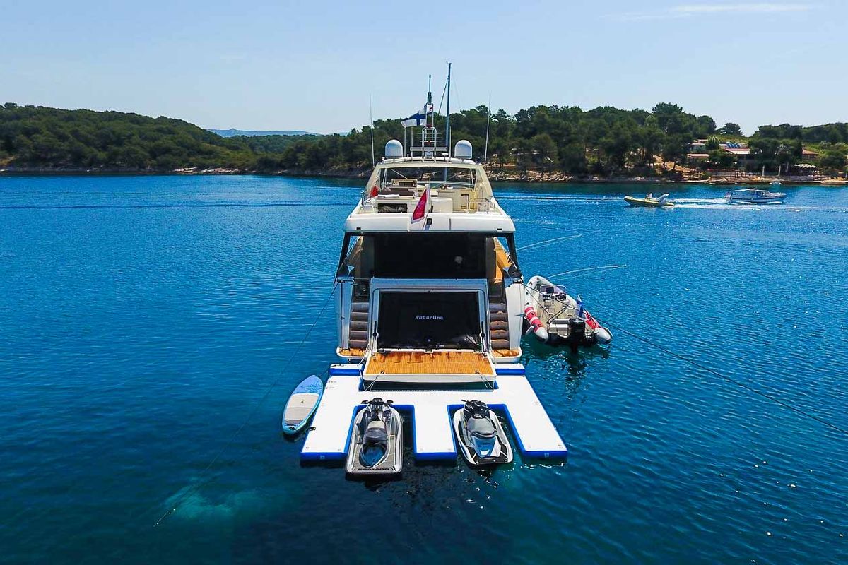 Deck of Miss Katarina, a Ferretti 880 yacht at Seget Donji, Croatia