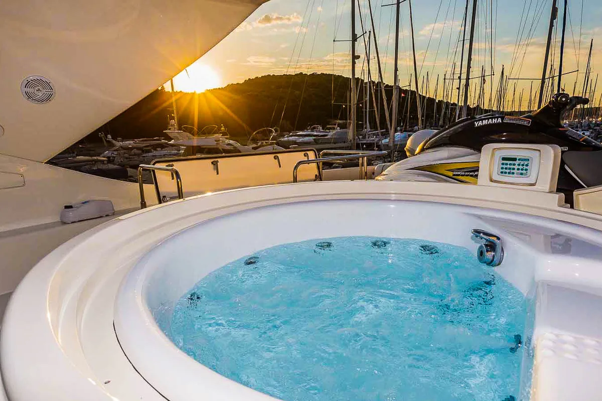 Deck of Miss Katarina, a Ferretti 880 yacht at Seget Donji, Croatia