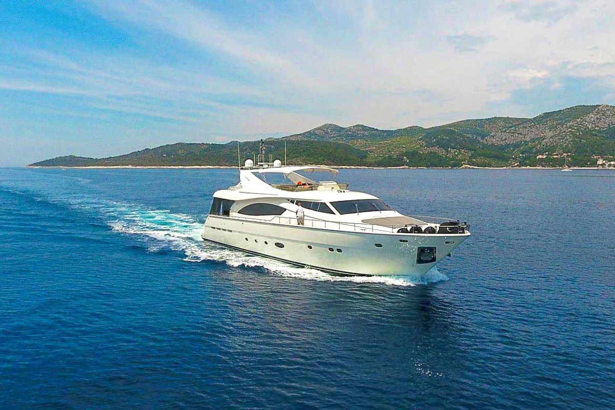 Exterior view of Miss Katarina, a Ferretti 880 yacht at Seget Donji, Croatia