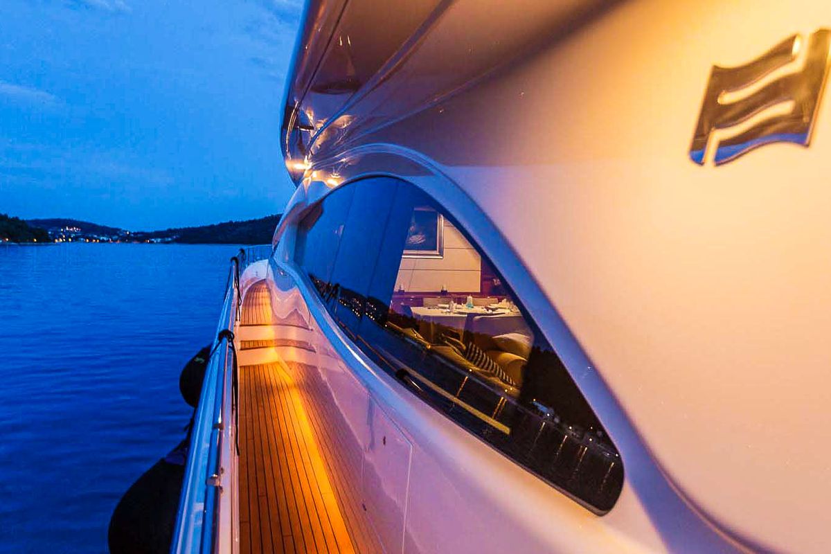 Exterior view of Miss Katarina, a Ferretti 880 yacht at Seget Donji, Croatia