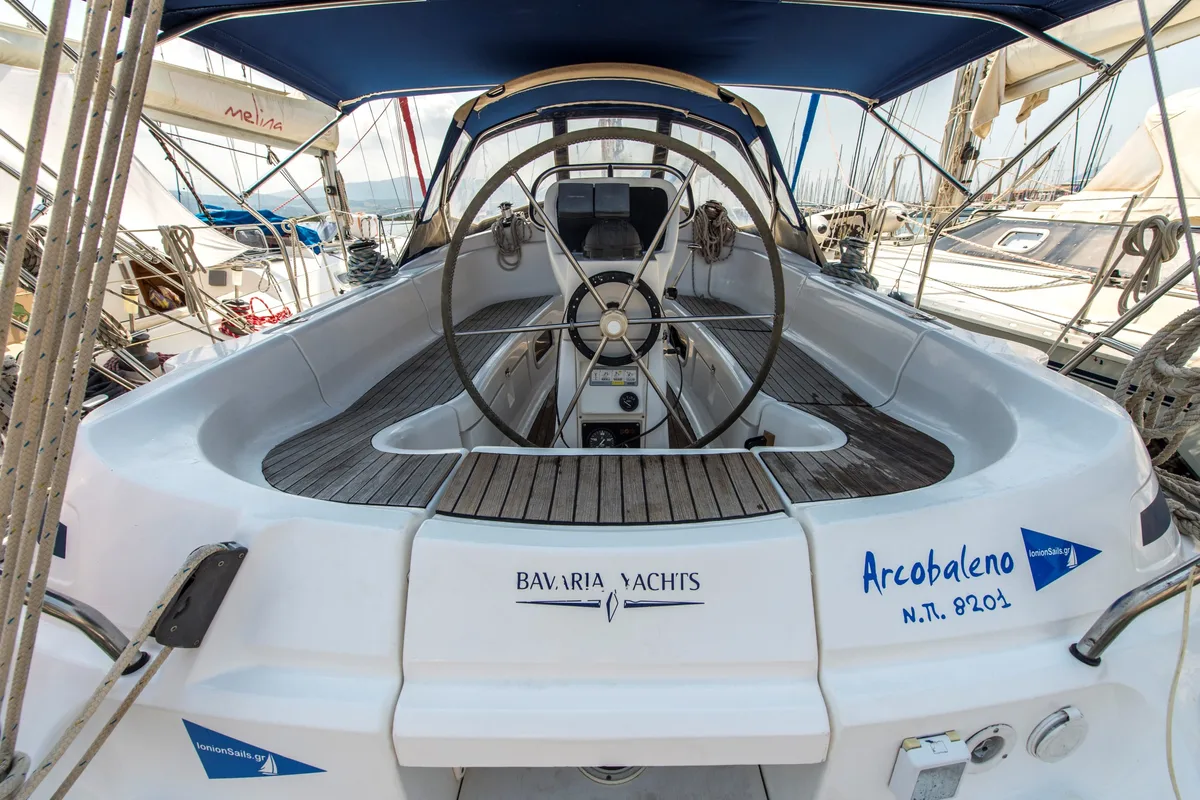 Cockpit of Arcobaleno, a Bavaria 36 Cruiser sailboat at Sami Municipal Unit, Greece