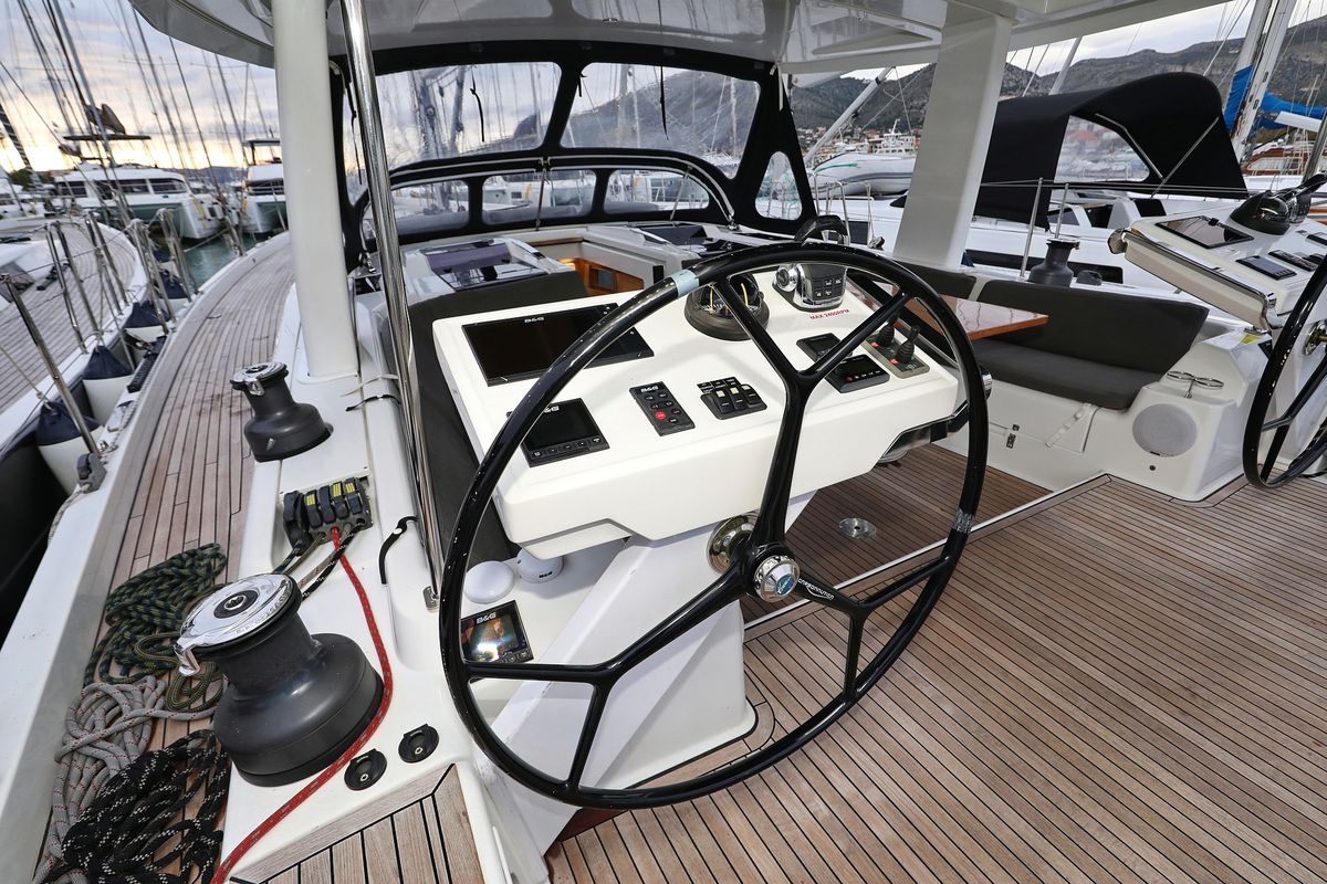 Cockpit of Jasmine, a Hanse Yachts Hanse 588 sailboat at Grad Trogir, Croatia