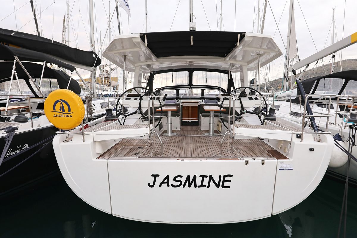 Exterior view of Jasmine, a Hanse Yachts Hanse 588 sailboat at Grad Trogir, Croatia