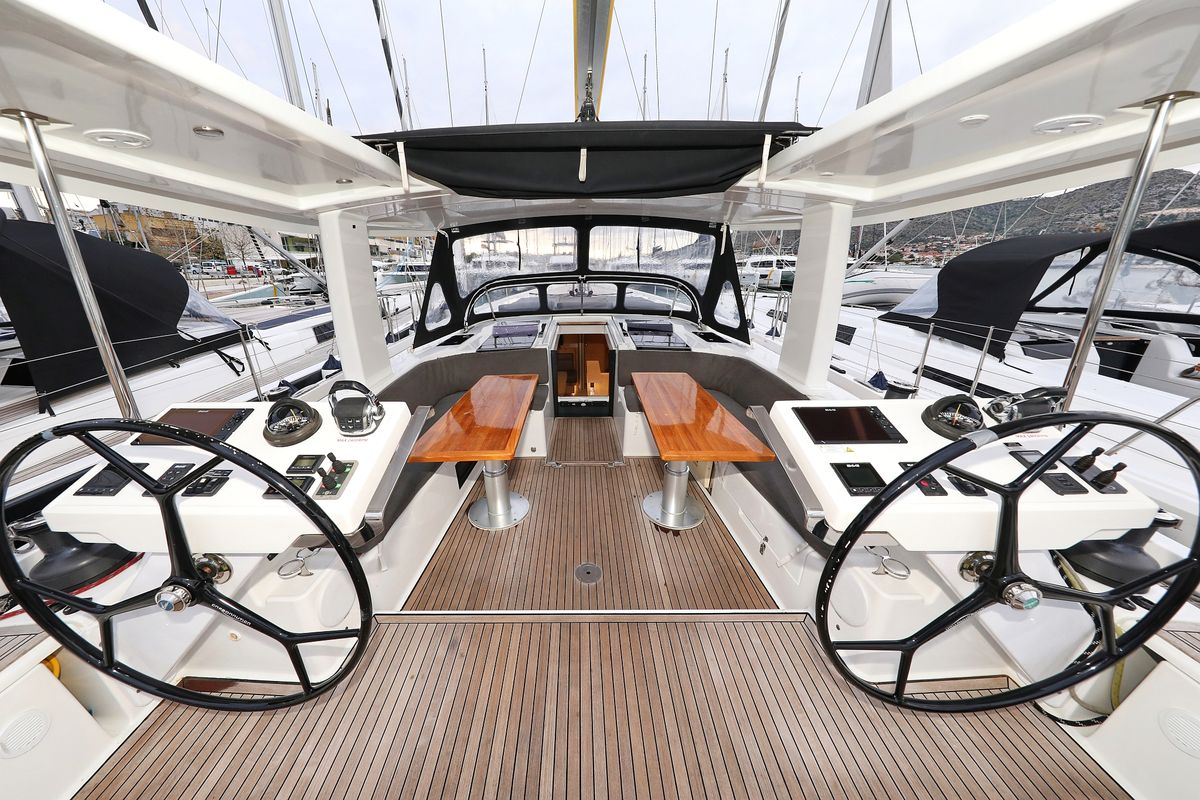 Cockpit of Jasmine, a Hanse Yachts Hanse 588 sailboat at Grad Trogir, Croatia
