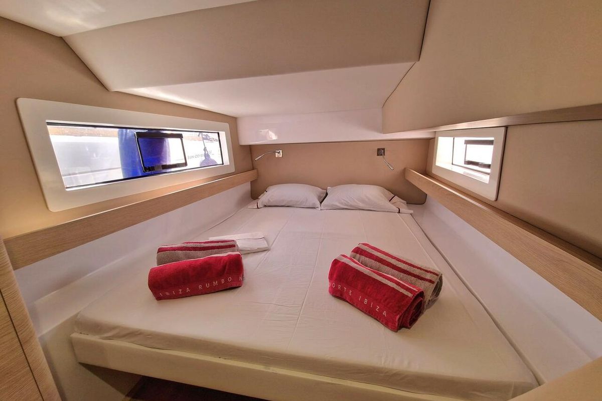 Cabin on Hakuna, a Aventura Catamarans Aventura 37 catamaran at Sant Antoni de Portmany, Spain