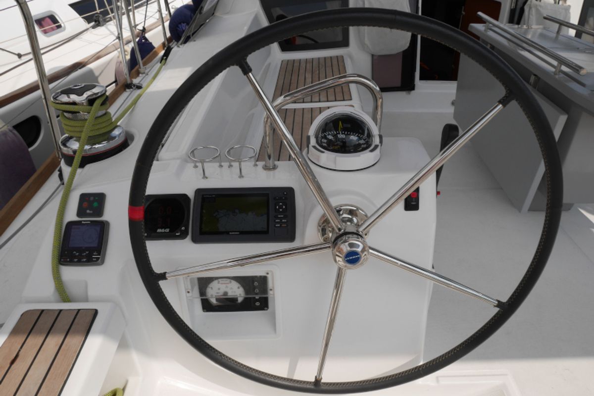 Cockpit of Allegria, a Beneteau Oceanis 45 sailboat at Municipal Unit of Lefkada, Greece