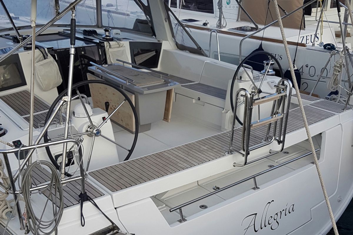 Cockpit of Allegria, a Beneteau Oceanis 45 sailboat at Municipal Unit of Lefkada, Greece