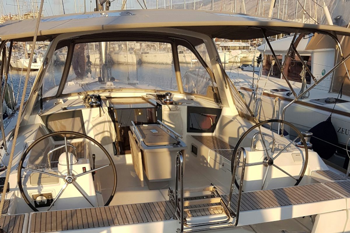 Cockpit of Allegria, a Beneteau Oceanis 45 sailboat at Municipal Unit of Lefkada, Greece