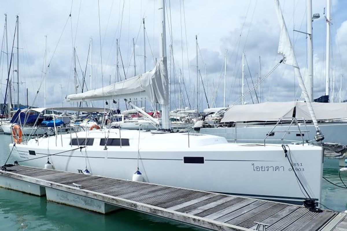 Exterior view of Iyarada, a Hanse Yachts Hanse 385 sailboat at Mai Khao, Thailand