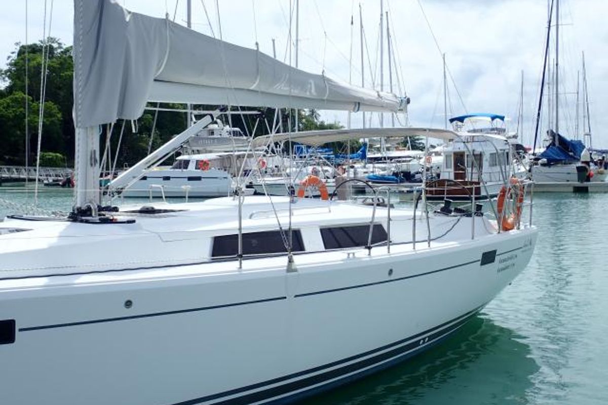 Exterior view of Iyarada, a Hanse Yachts Hanse 385 sailboat at Mai Khao, Thailand