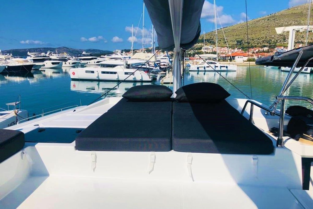 Deck of Princess Valeria, a Fountaine Pajot Elba 45 catamaran at Seget Donji, Croatia