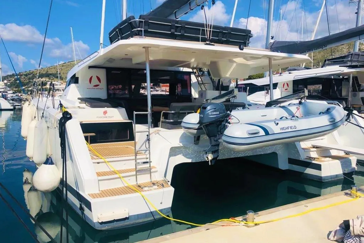Exterior view of Princess Valeria, a Fountaine Pajot Elba 45 catamaran at Seget Donji, Croatia