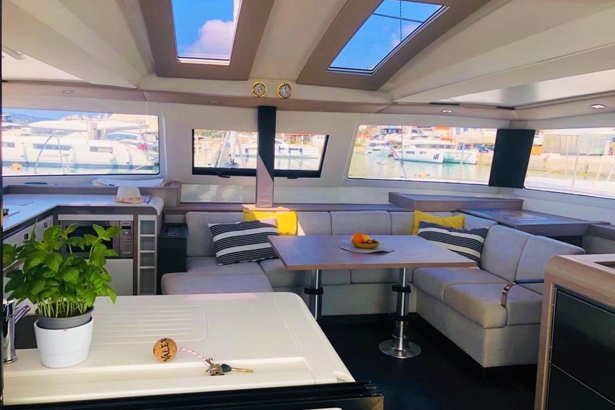 Salon of Princess Valeria, a Fountaine Pajot Elba 45 catamaran at Seget Donji, Croatia