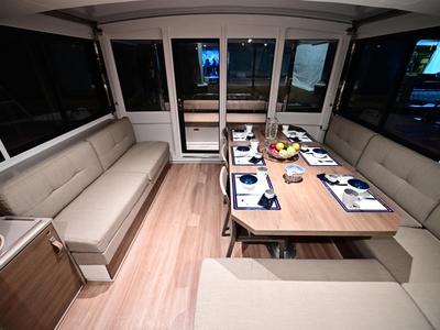 Salon of Arche VI, a Bali 4.6 catamaran at Salerno, Italy