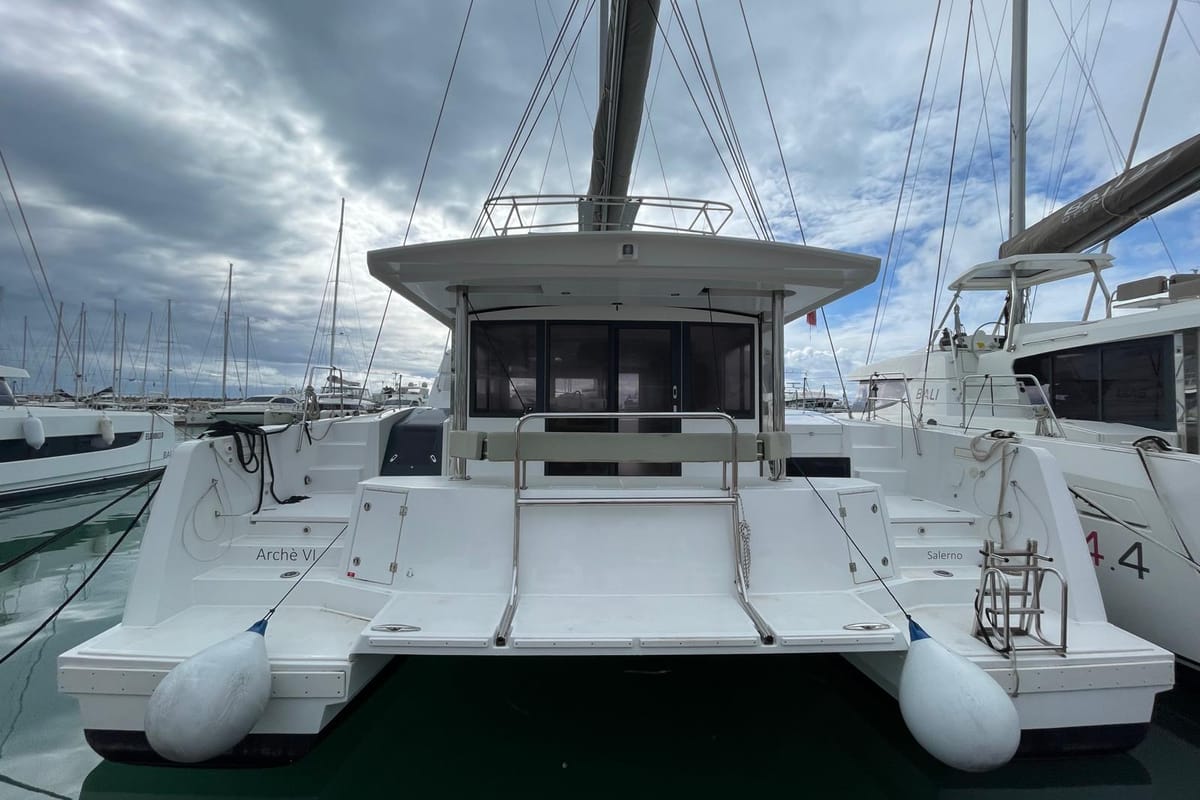 Exterior view of Arche VI, a Bali 4.6 catamaran at Salerno, Italy