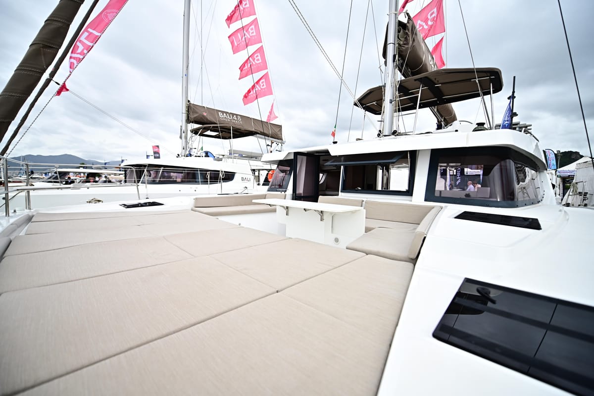 Deck of Arche VI, a Bali 4.6 catamaran at Salerno, Italy