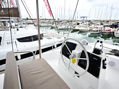Cockpit of Arche VI, a Bali 4.6 catamaran at Salerno, Italy