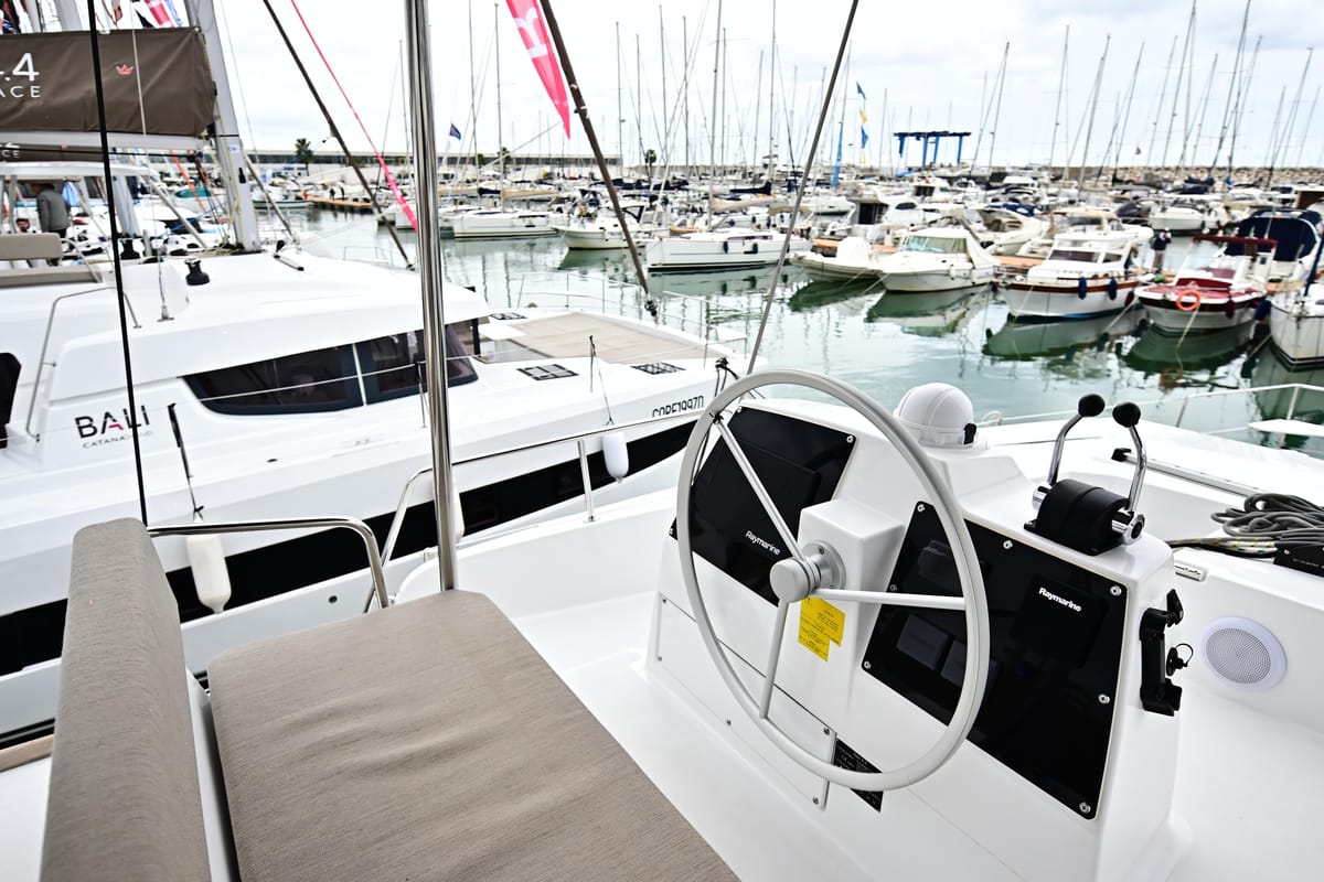 Cockpit of Arche VI, a Bali 4.6 catamaran at Salerno, Italy