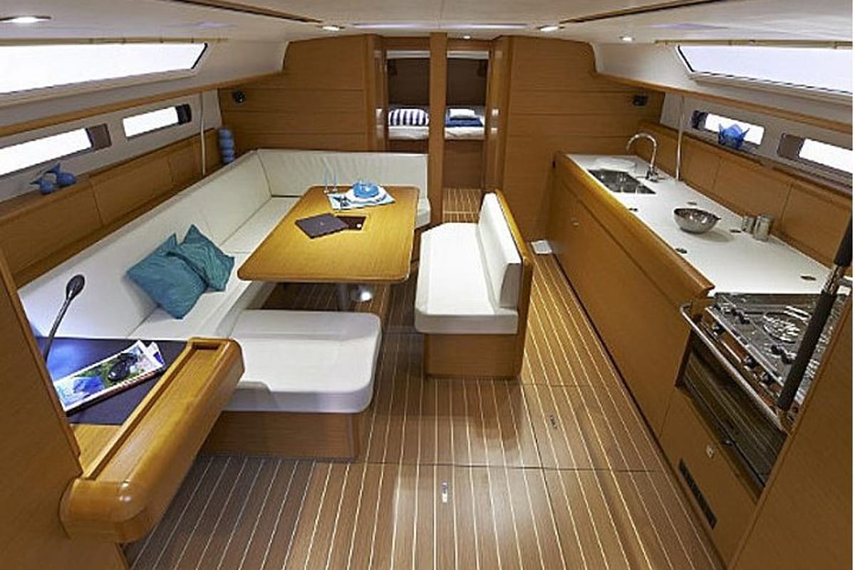 Salon of Joy, a Beneteau Oceanis 48 sailboat at Kontokali, Greece